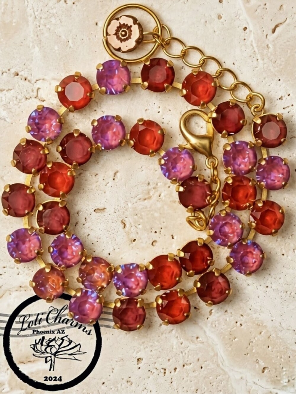 Red Pastel Swarovski Crystals in Classic Tennis Gold Plated Necklace